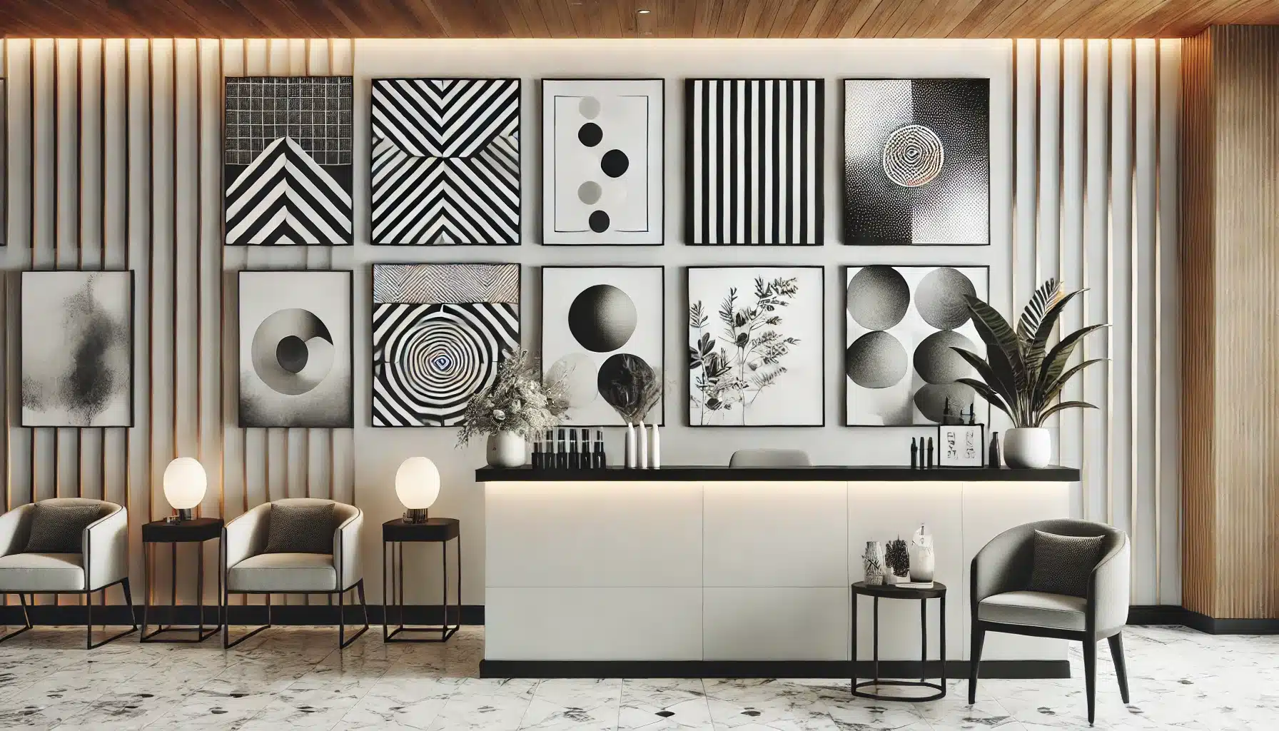 Lợi ích của tranh trang trí trong Spa 4 không gian hiện đại và sang trọng tại khu vực tiếp đón.