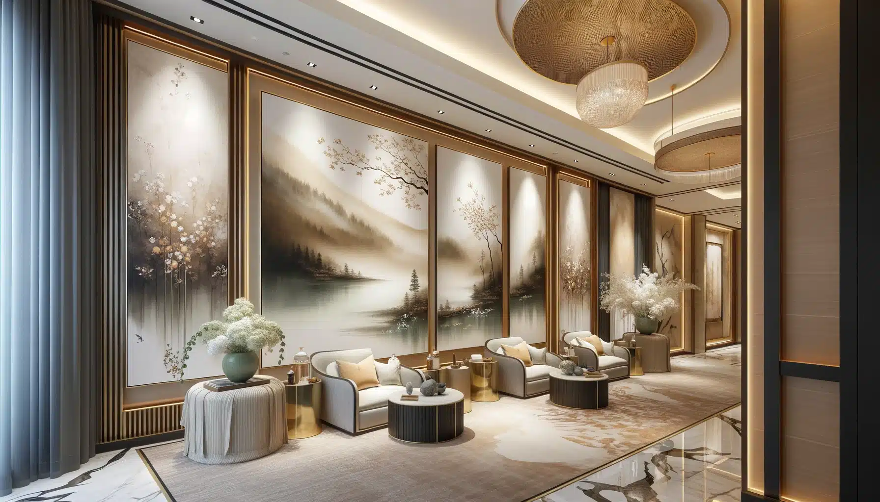 Lợi ích của tranh trang trí trong Spa 3 không gian hiện đại và sang trọng tại khu vực tiếp đón .