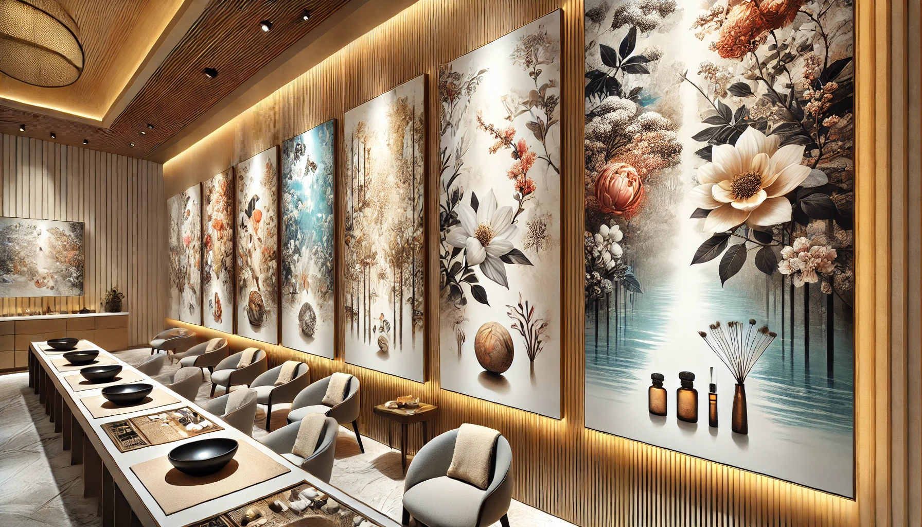 Lợi ích của tranh trang trí trong Spa 9 DALL·E 2024 07 17 11.14.16 A spa interior with custom wall decorations that reflect the unique brand and theme of the spa. The decor features artwork that matches the spas main