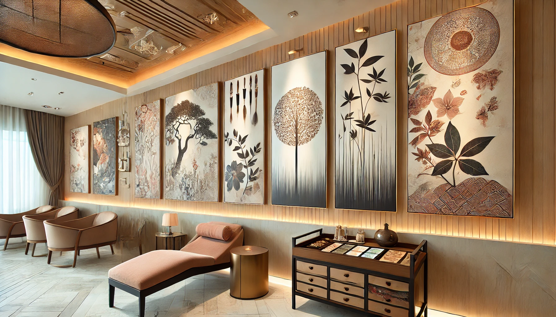 DALL·E 2024 07 17 11.14.23 A stylish spa interior with wall decorations that enhance the spas unique brand and ambiance. The decor includes custom paintings and designs that al