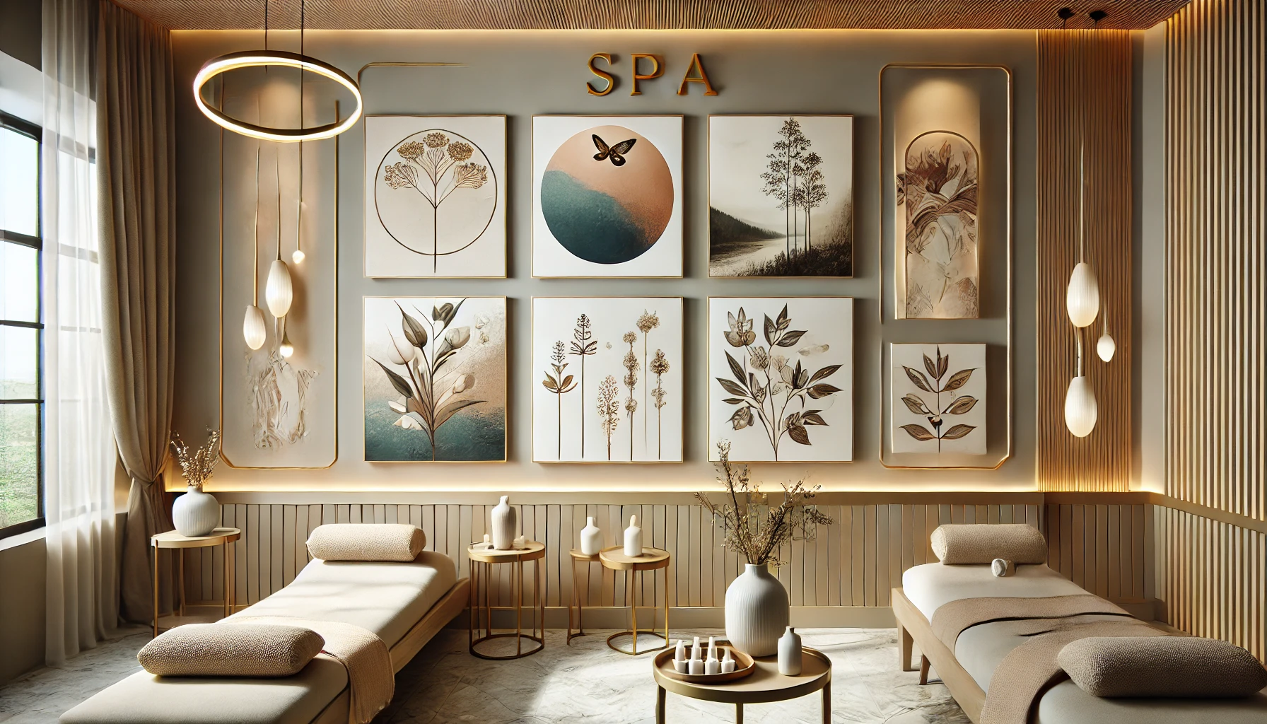 DALL·E 2024 07 17 11.14.26 A chic and modern spa interior featuring wall decorations that highlight the spas unique brand identity. The decor includes bespoke artwork that comp