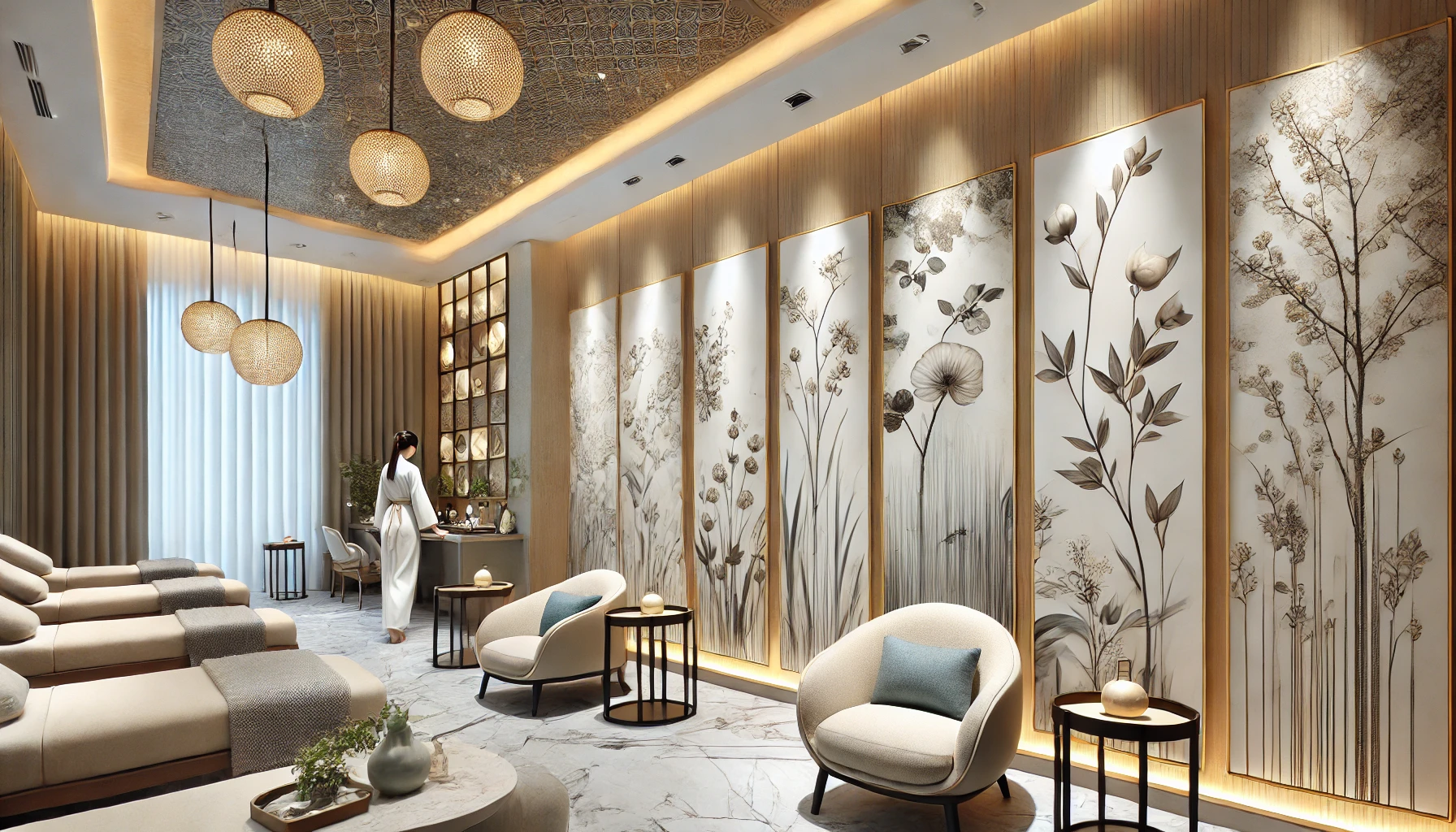 DALL·E 2024 07 17 11.14.29 A contemporary spa interior with wall decorations that emphasize the spas distinct brand and aesthetic. The decor features custom designed artwork th