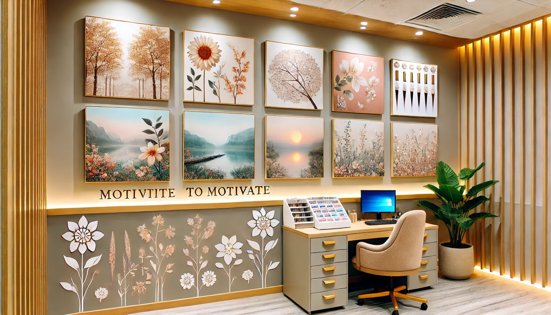 Lợi ích của tranh trang trí trong Spa 11 DALL·E 2024 07 17 13.40.38 A positive and beautiful work environment in a spa featuring elegant wall decorations that create a comfortable and happy atmosphere for employees. T