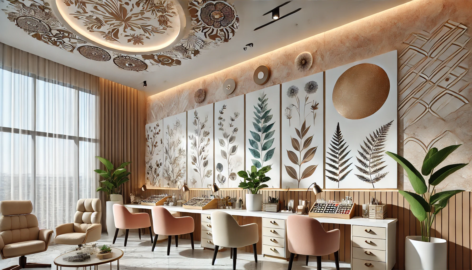 Lợi ích của tranh trang trí trong Spa 10 DALL·E 2024 07 17 13.40.53 A beautiful and comfortable work environment in a spa that promotes team spirit and collaboration among employees. The decor features stylish and invi