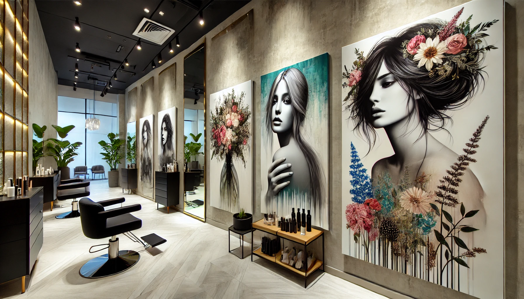 DALL·E 2024 07 17 14.55.12 A modern hair salon featuring artistic portrait paintings with stylish and emotional human images creating an upscale and elegant atmosphere. Floral
