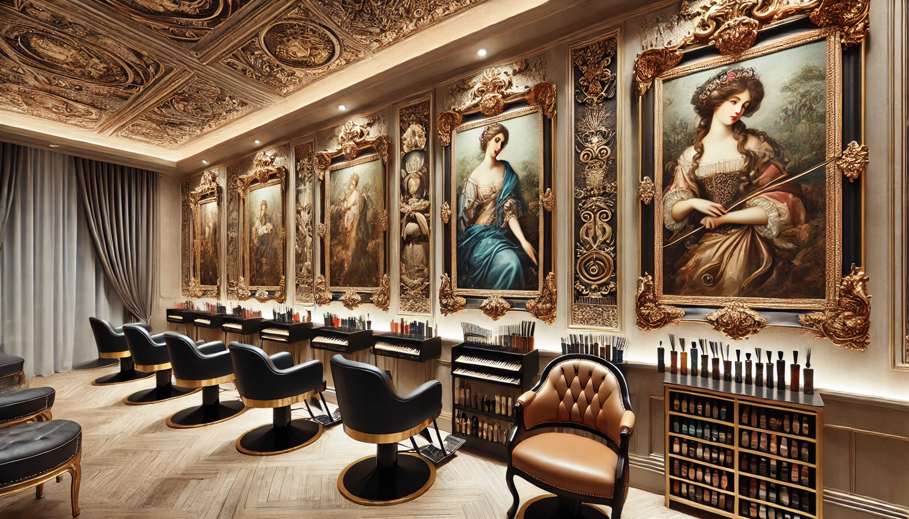 DALL·E 2024 07 17 14.57.20 A luxurious hair salon interior decorated with classic and elegant paintings. The artwork features traditional styles with sophisticated details crea