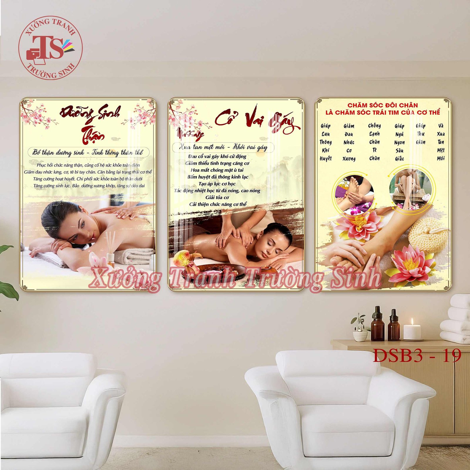 Bộ 3 Tranh Dưỡng Sinh Massage Cổ Vai Gáy, Massage Chân – Tranh Tráng Gương Treo Tường