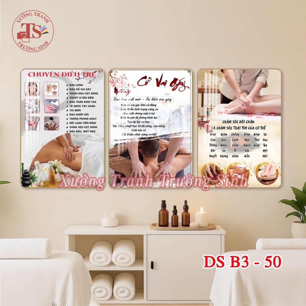 Bộ 3 Tranh Dưỡng Sinh, Massage Body, Massage Chân – Tranh Tráng Gương Treo Tường