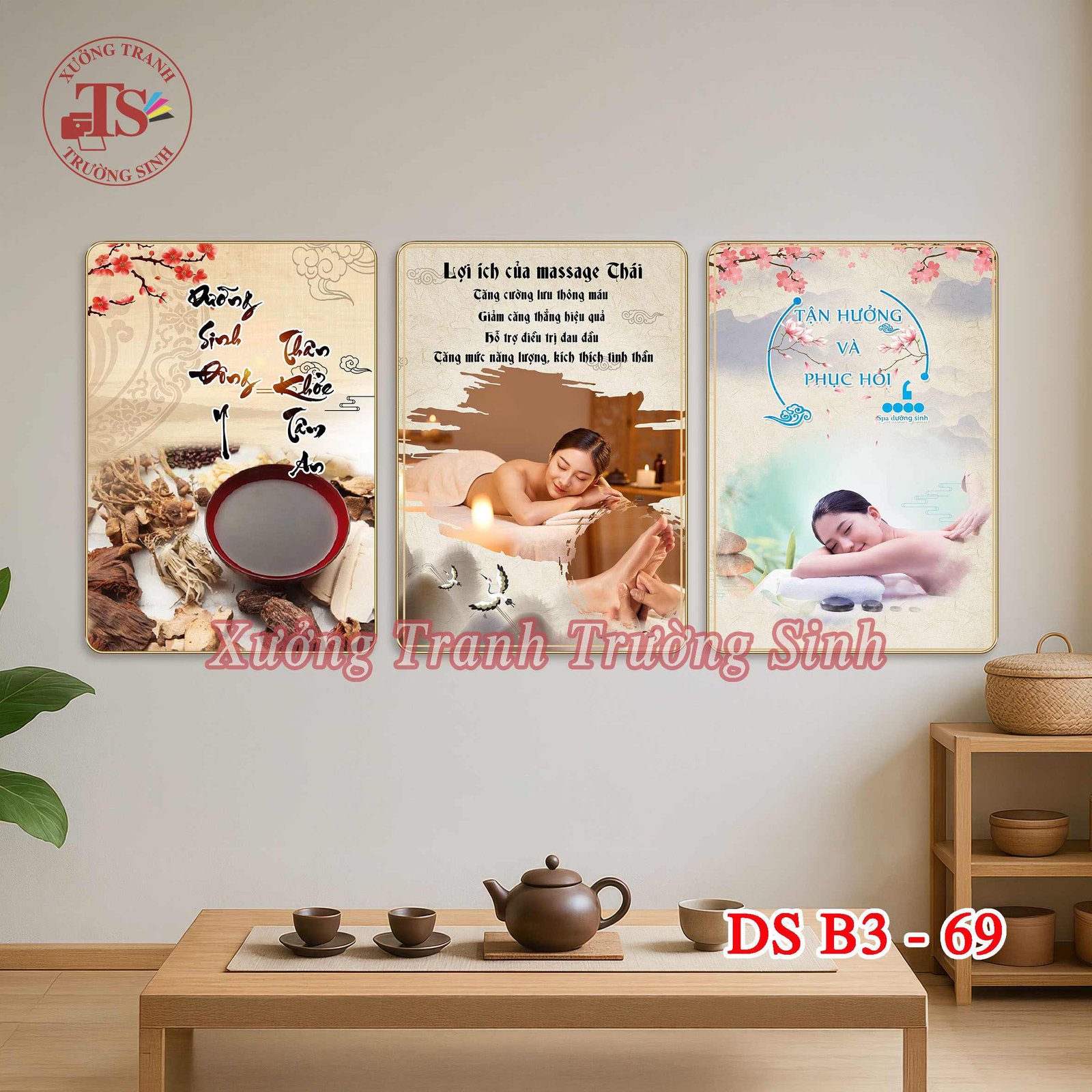 Bộ 3 Tranh Dưỡng Sinh Đông Y, Massage, Xoa Bóp Cổ Vai Gáy, Body – Tranh Tráng Gương Treo Tường